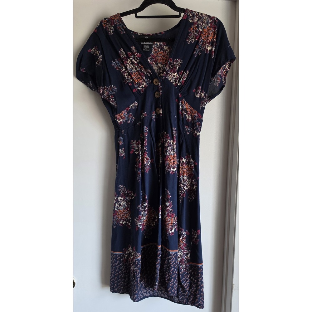 Vintage Angie Dress S Floral Navy Short Sleeve V-Neck Boho Sundress Gown